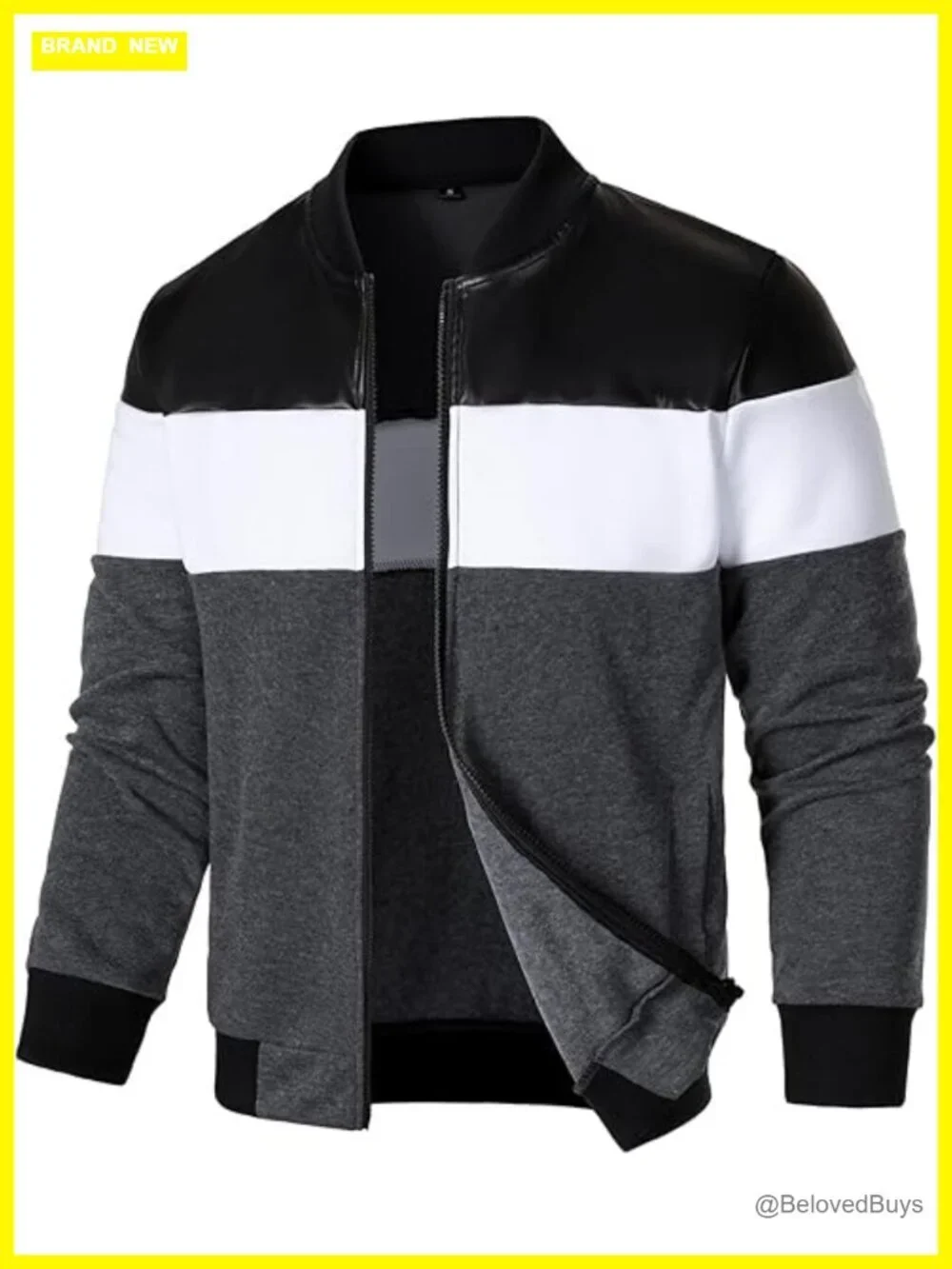 Men's Lightweight Bomber Jacket Faux Leather Color Block Zipper Coat